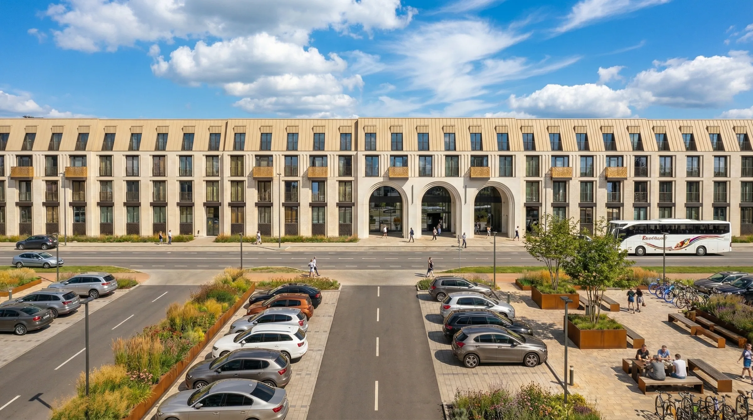 Фасад комплекса «Речпорт» с парковкой и озеленением